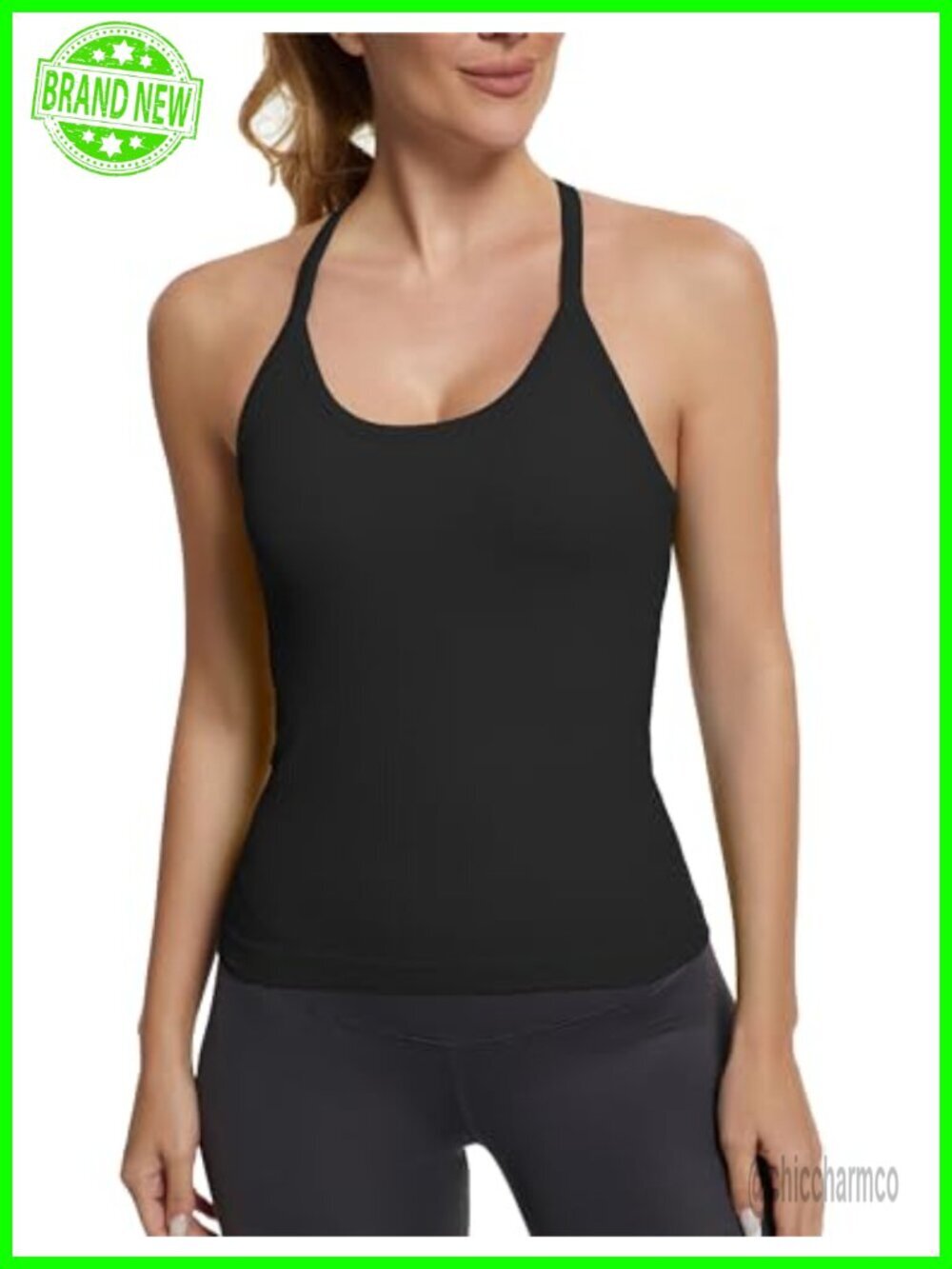 Seamless Workout Tank Top with Built In Bra Racerback Ribbed Soft Yoga - Picture 3 of 7